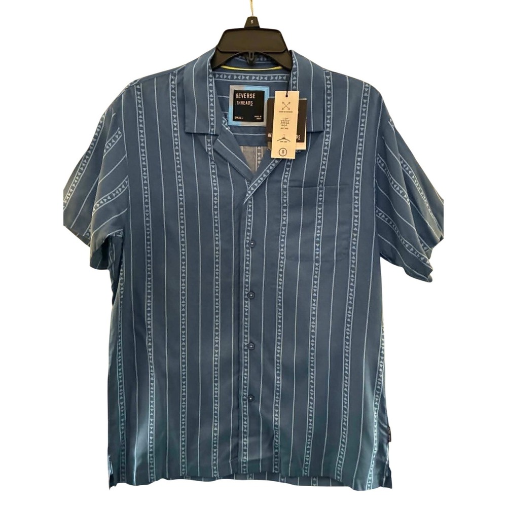 Reverse Threads Button Up Shirt Mens Small Blue New Geometric‎ Stripe Viscose